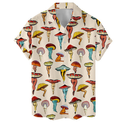 Front view of a short-sleeve mushroom Hawaiian shirt with collared button-front design