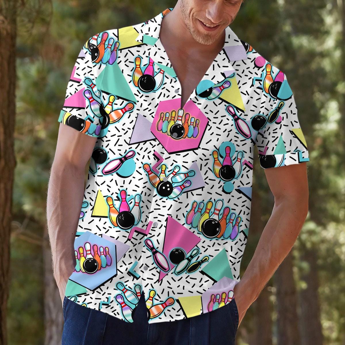 Model wearing retro bowling print shirt