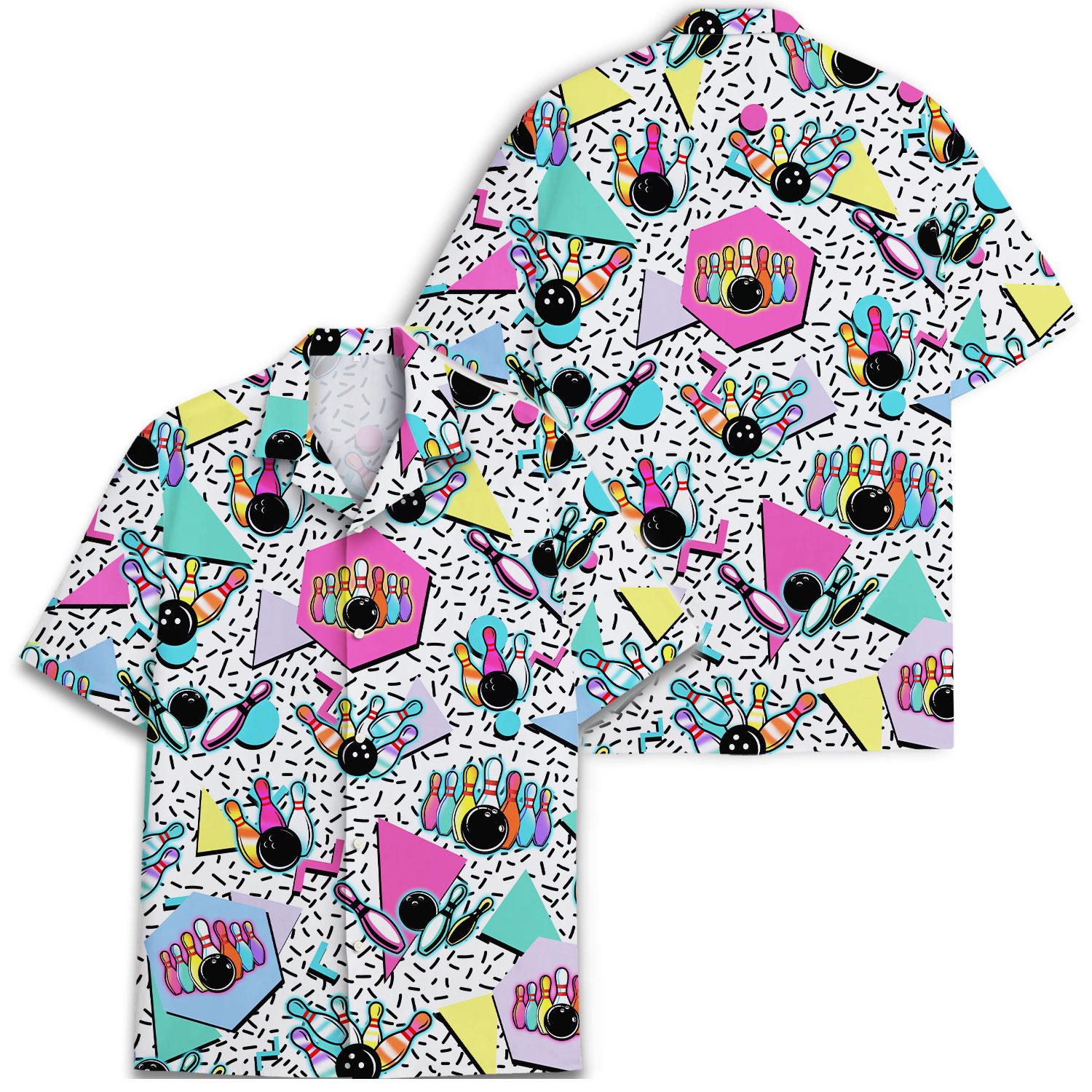 Front and back views of colorful bowling print Hawaiian shirt