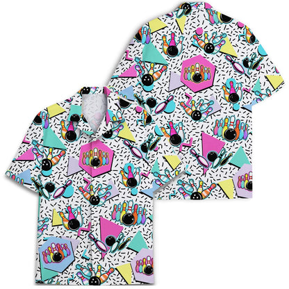 Front and back views of colorful bowling print Hawaiian shirt