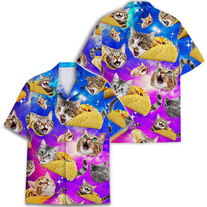 Two views of the cat taco Hawaiian shirt showing the front and back print