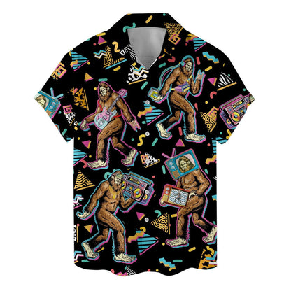 Flat lay front view of a Bigfoot music print Hawaiian shirt with short sleeves