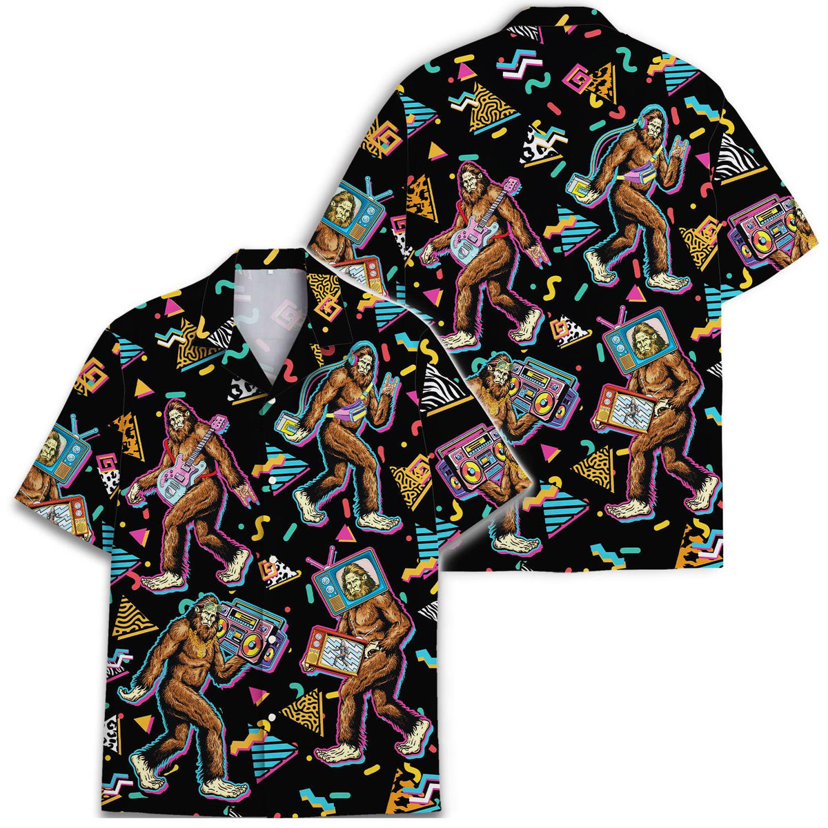 Front and back views of a colorful Bigfoot Hawaiian shirt with guitar and boombox motifs