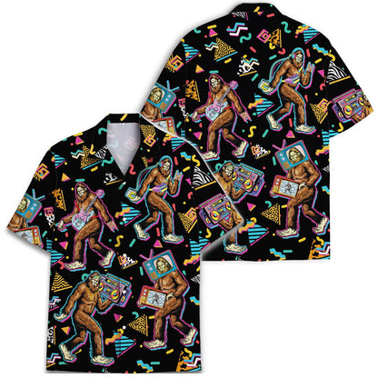 Front and back views of a colorful Bigfoot Hawaiian shirt with guitar and boombox motifs