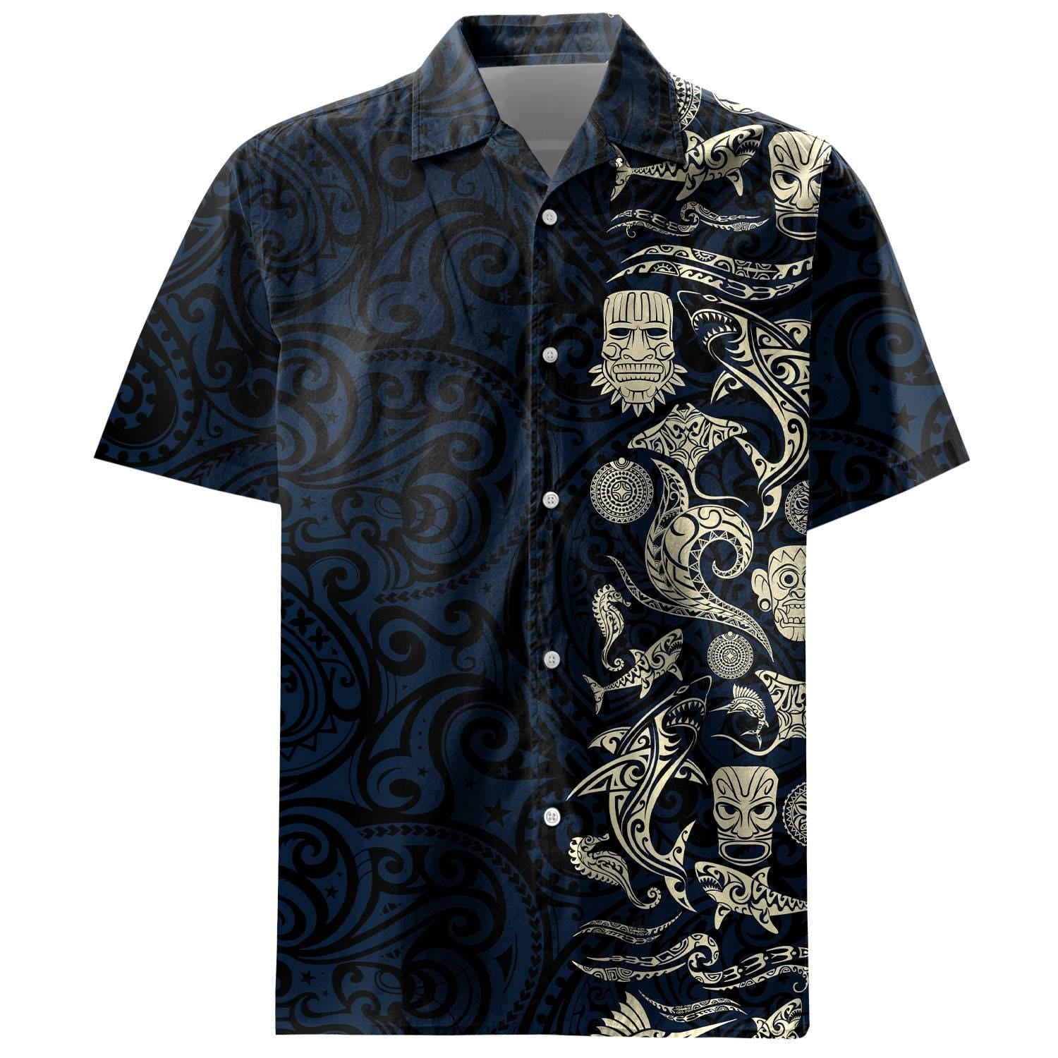 Flat front view of navy Hawaiian shirt with cream tiki mask artwork
