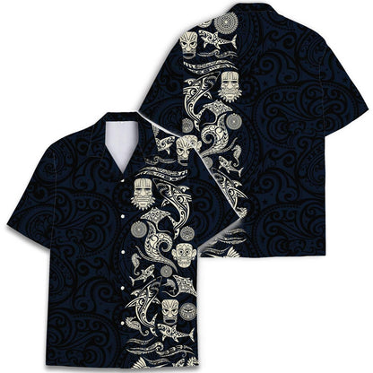 Front and back views of dark blue tiki mask Hawaiian shirt
