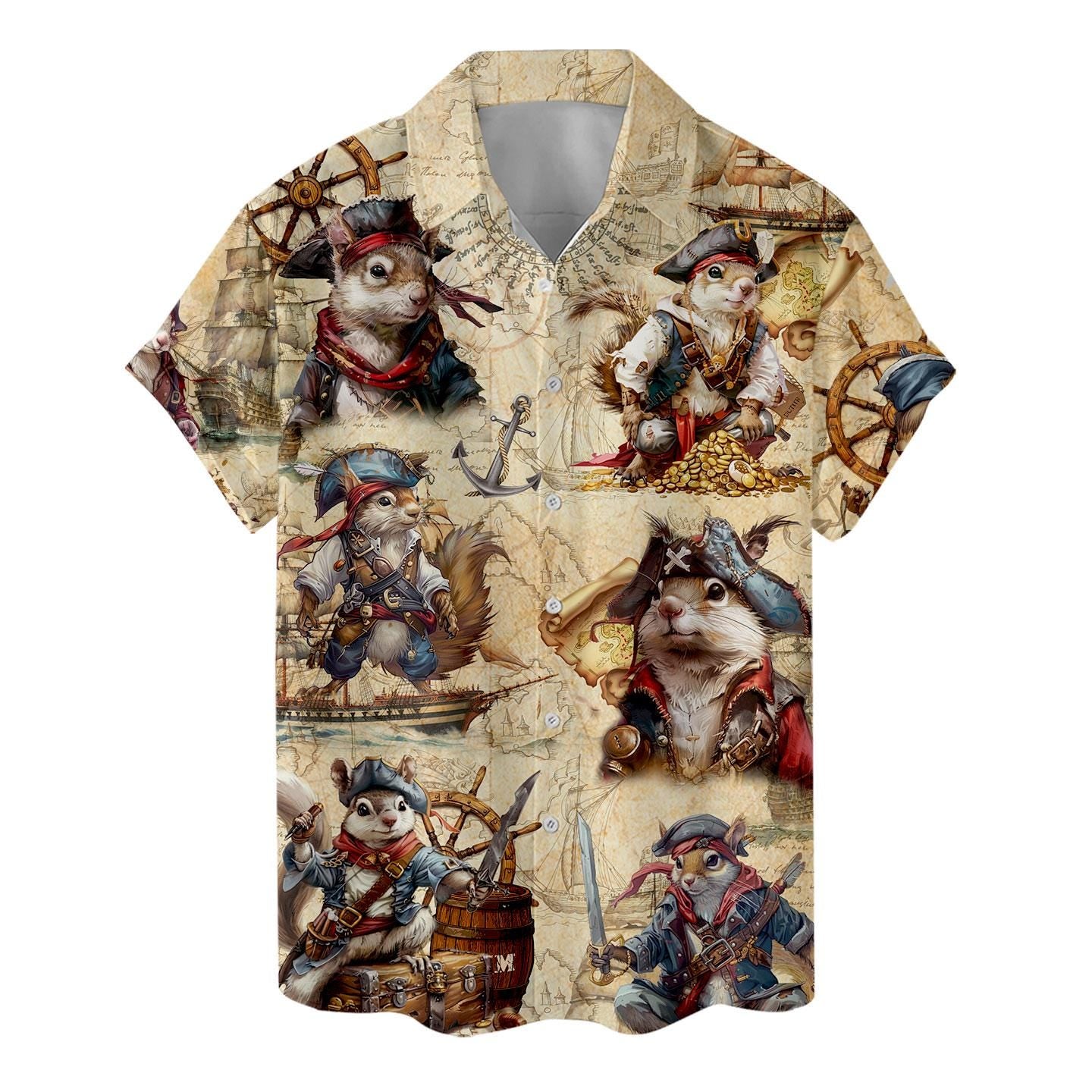 Short sleeve Hawaiian shirt featuring pirate cats and maritime map details