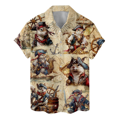 Short sleeve Hawaiian shirt featuring pirate cats and maritime map details