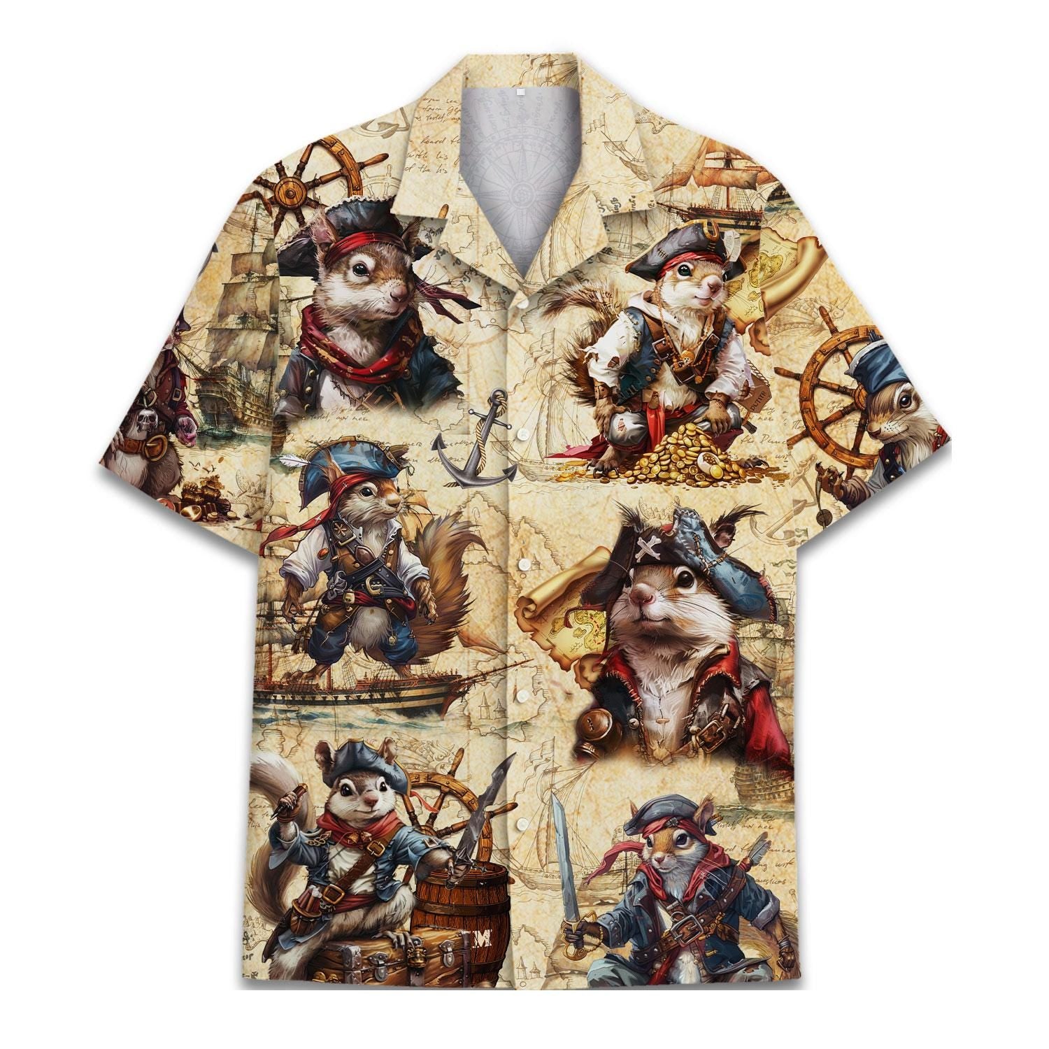 Pirate cat Hawaiian shirt with nautical map and ship wheel print