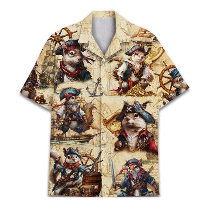 Pirate cat Hawaiian shirt with nautical map and ship wheel print