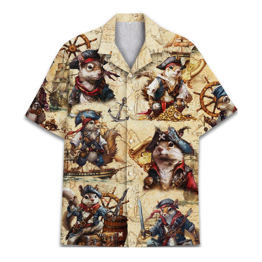 Pirate cat Hawaiian shirt with nautical map and ship wheel print
