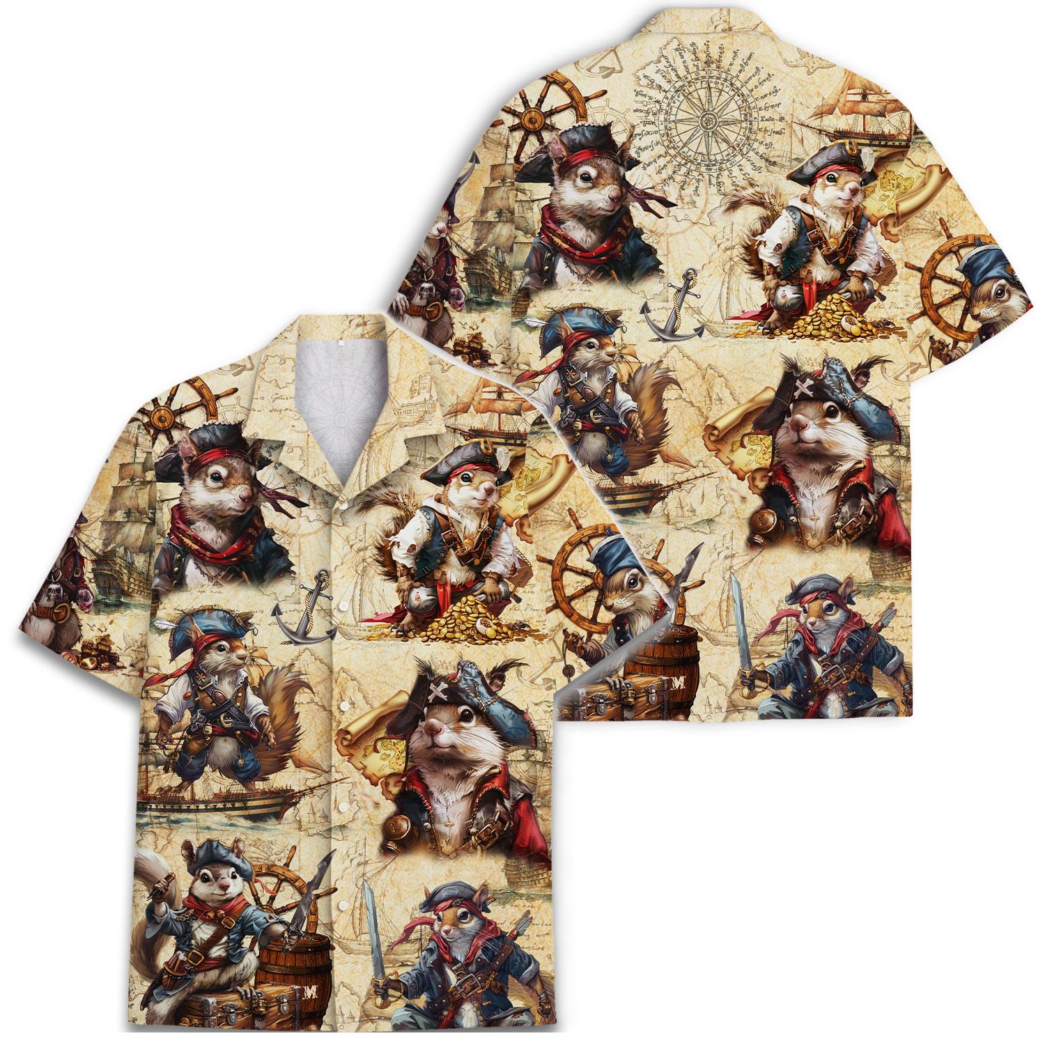 Front view of pirate cat button-up shirt with anchors and treasure artwork