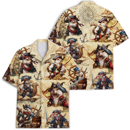 Front view of pirate cat button-up shirt with anchors and treasure artwork