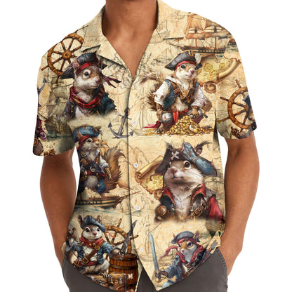 Person wearing pirate cat Hawaiian shirt outdoors