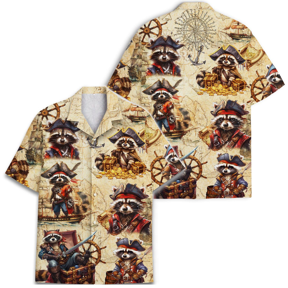 Front and back views of pirate raccoon nautical Hawaiian shirt