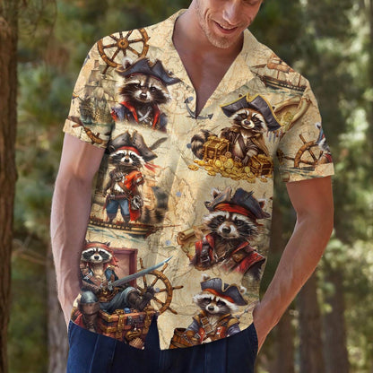 Close view of pirate raccoon nautical shirt on model