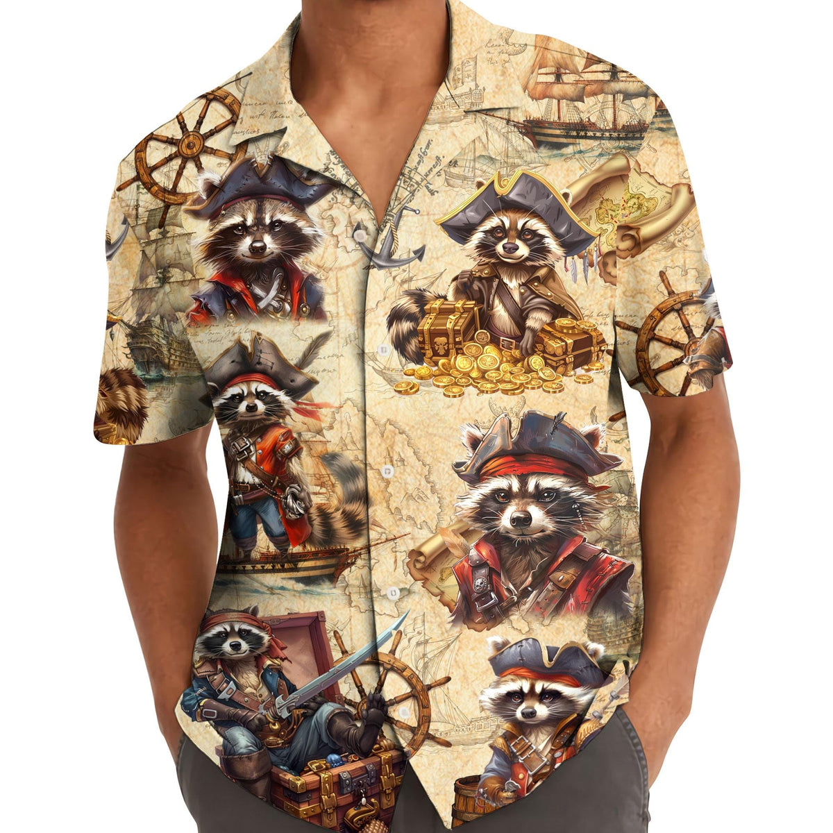 Model wearing pirate raccoon Hawaiian shirt outdoors