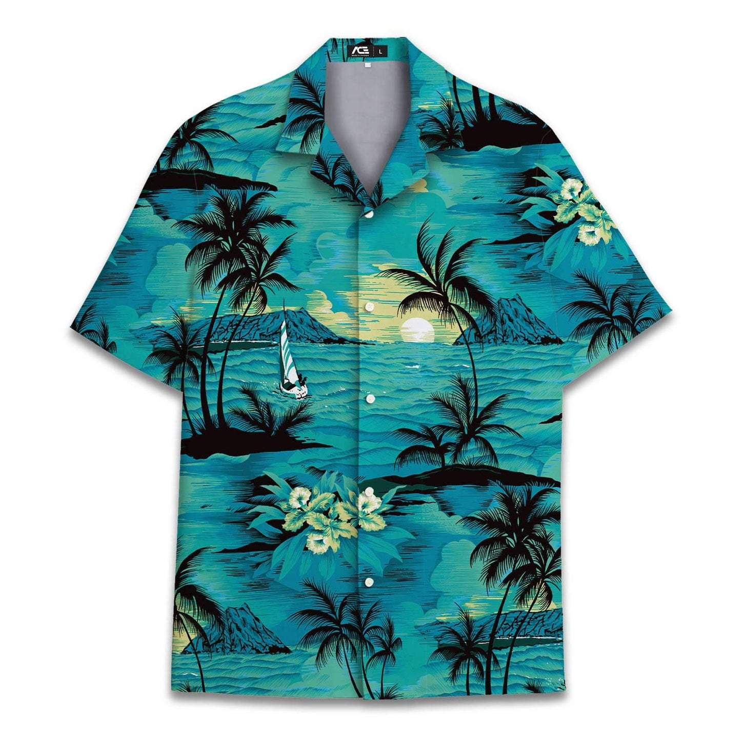 Front view of turquoise Hawaiian shirt with palm trees, ocean waves, sunset, flowers, and sailboat print