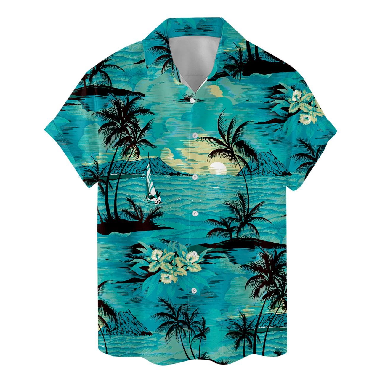 Flat front view of tropical turquoise shirt with short sleeves, collar, buttons, and island print
