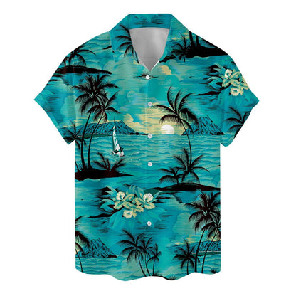 Flat front view of tropical turquoise shirt with short sleeves, collar, buttons, and island print