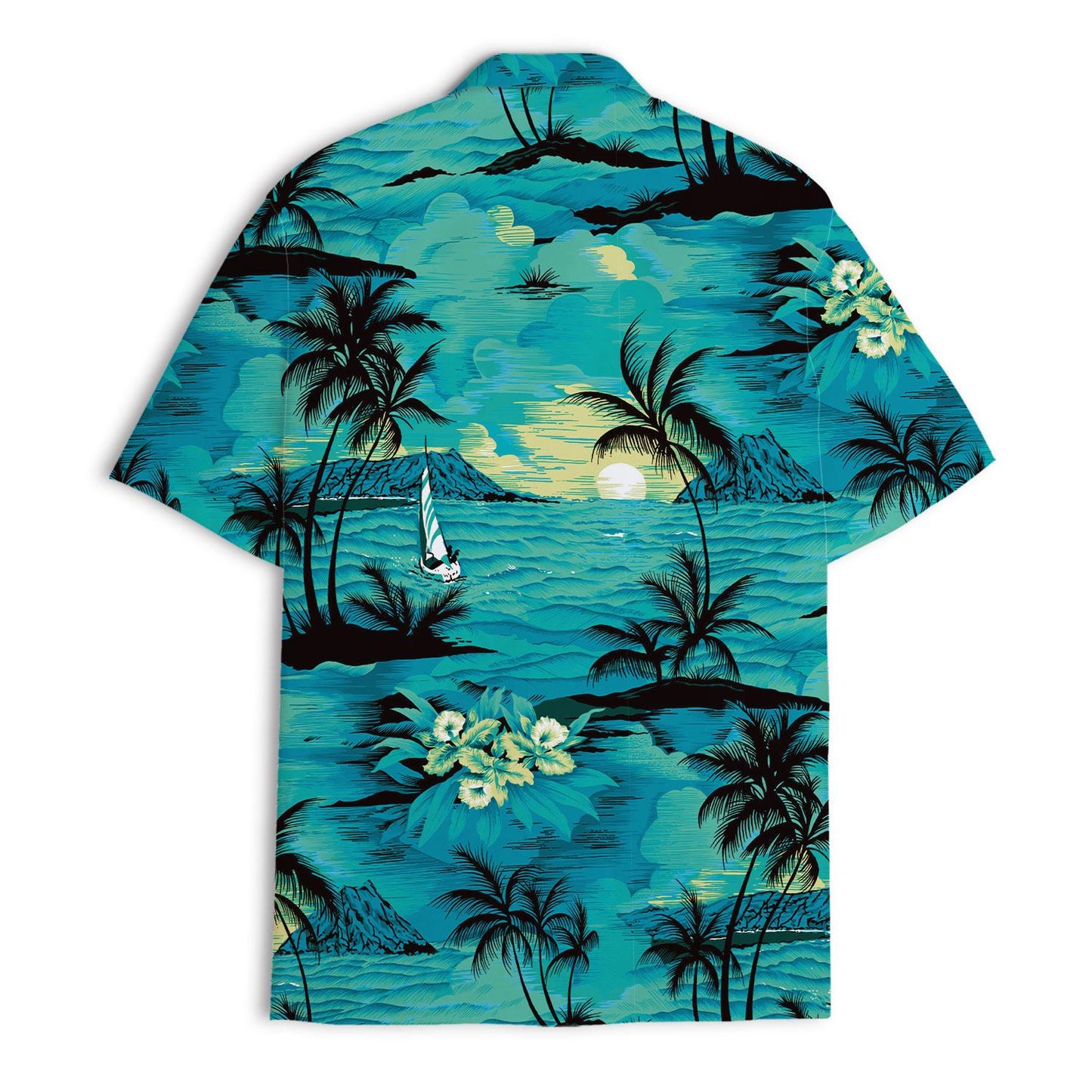Back view of turquoise Hawaiian shirt featuring palm trees, ocean waves, mountains, and sunset
