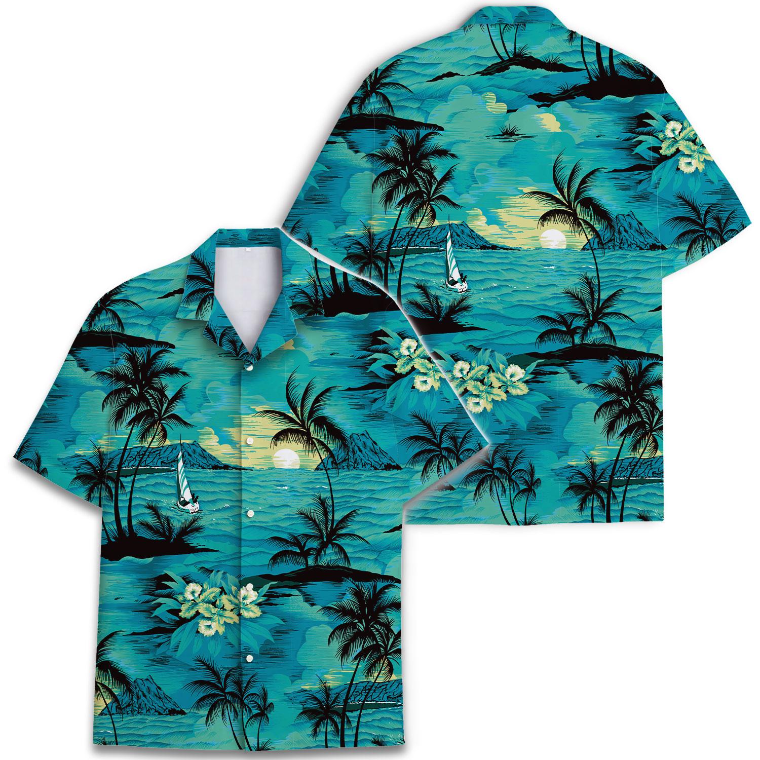 Turquoise tropical Hawaiian shirt shown from front and back with an island landscape print