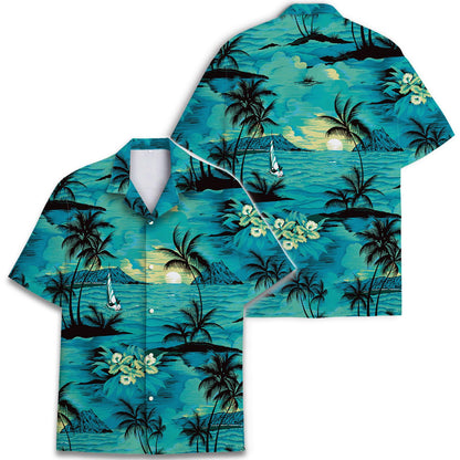 Turquoise tropical Hawaiian shirt shown from front and back with an island landscape print