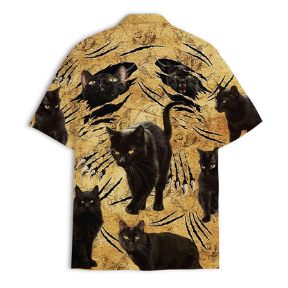 Back view showing the all-over black cat pattern on a golden Hawaiian shirt