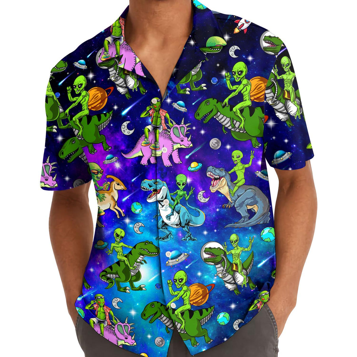 Person wearing an alien dinosaur Hawaiian shirt outdoors
