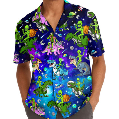 Person wearing an alien dinosaur Hawaiian shirt outdoors