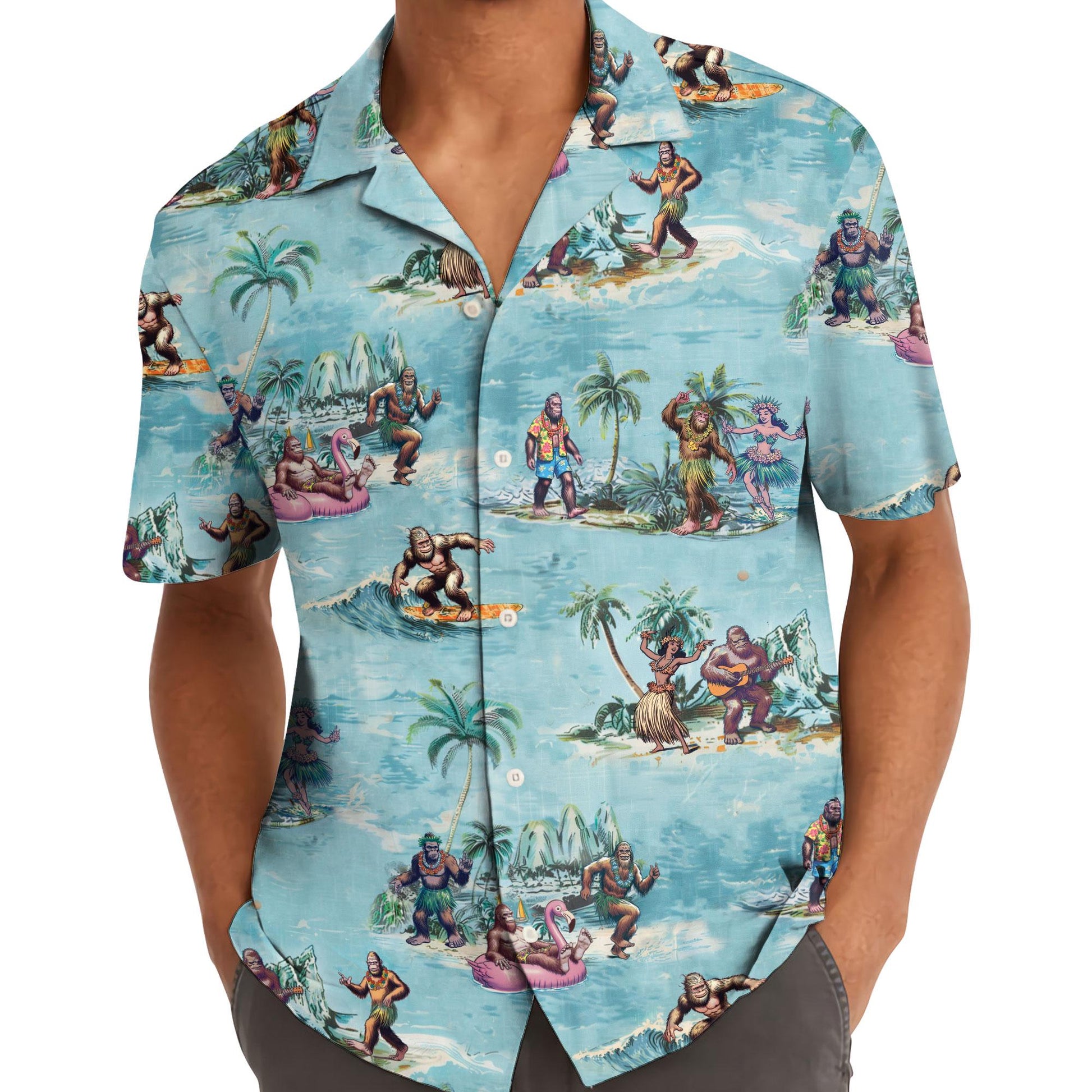 Model wearing aqua tropical Hawaiian shirt with playful island adventure print