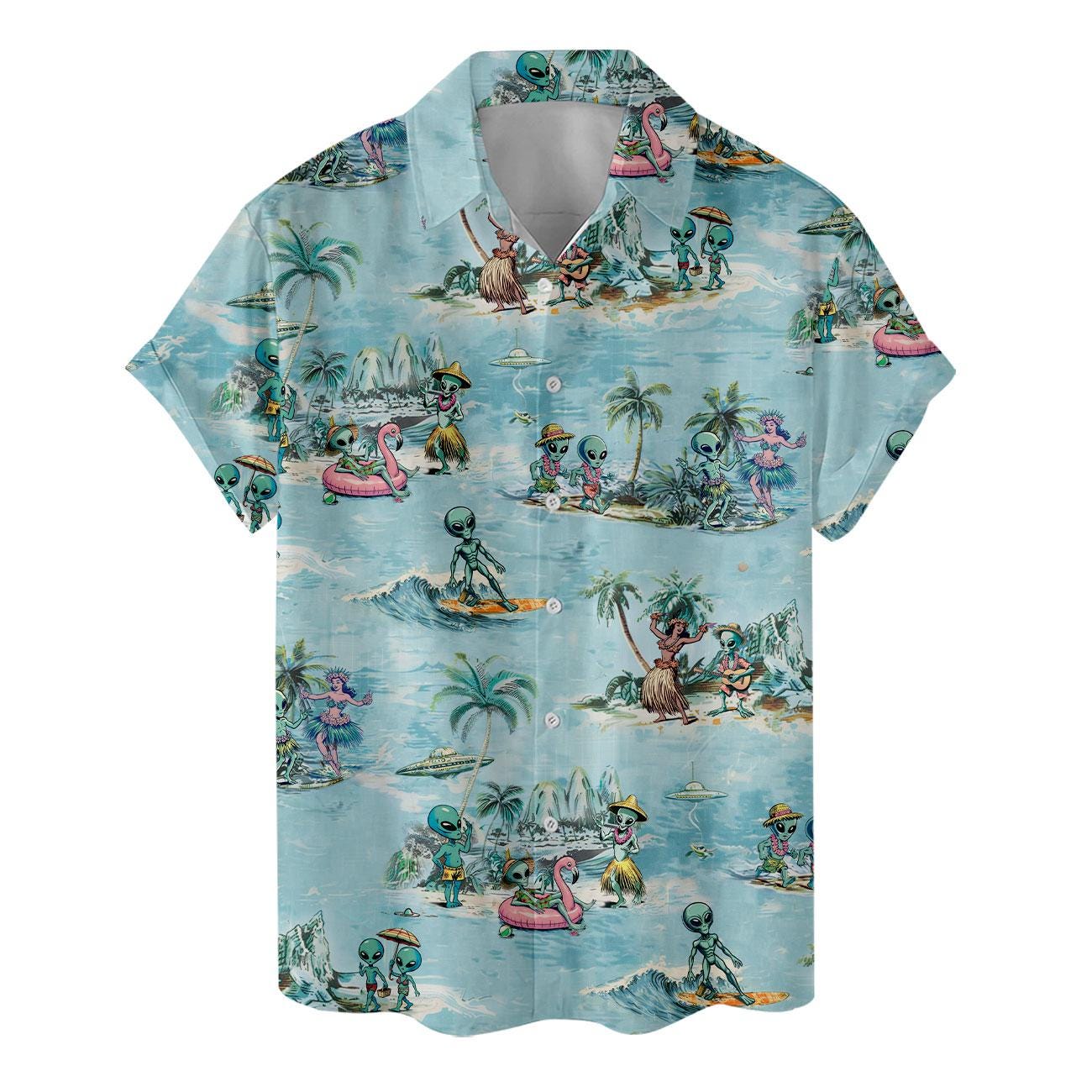 Flat front view of blue alien tropical Hawaiian shirt