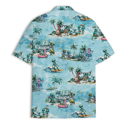 Back view showing the all-over alien island and ocean print