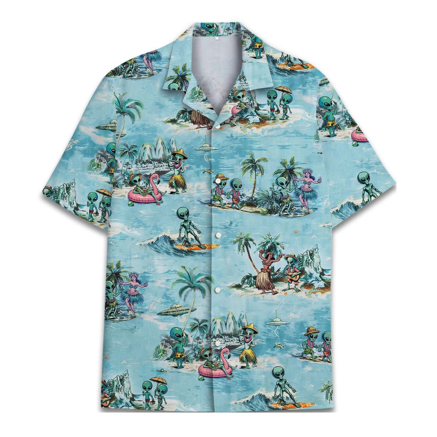 Front view of blue alien beach Hawaiian shirt with tropical palm tree and flamingo print