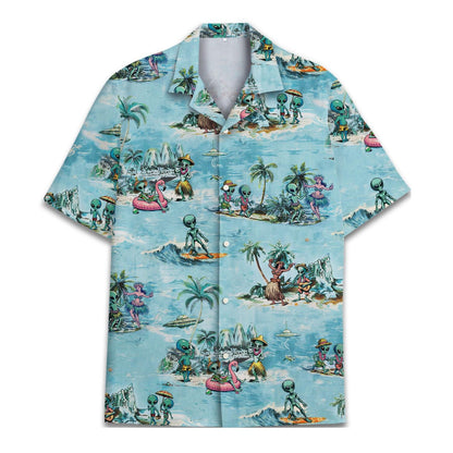 Front view of blue alien beach Hawaiian shirt with tropical palm tree and flamingo print
