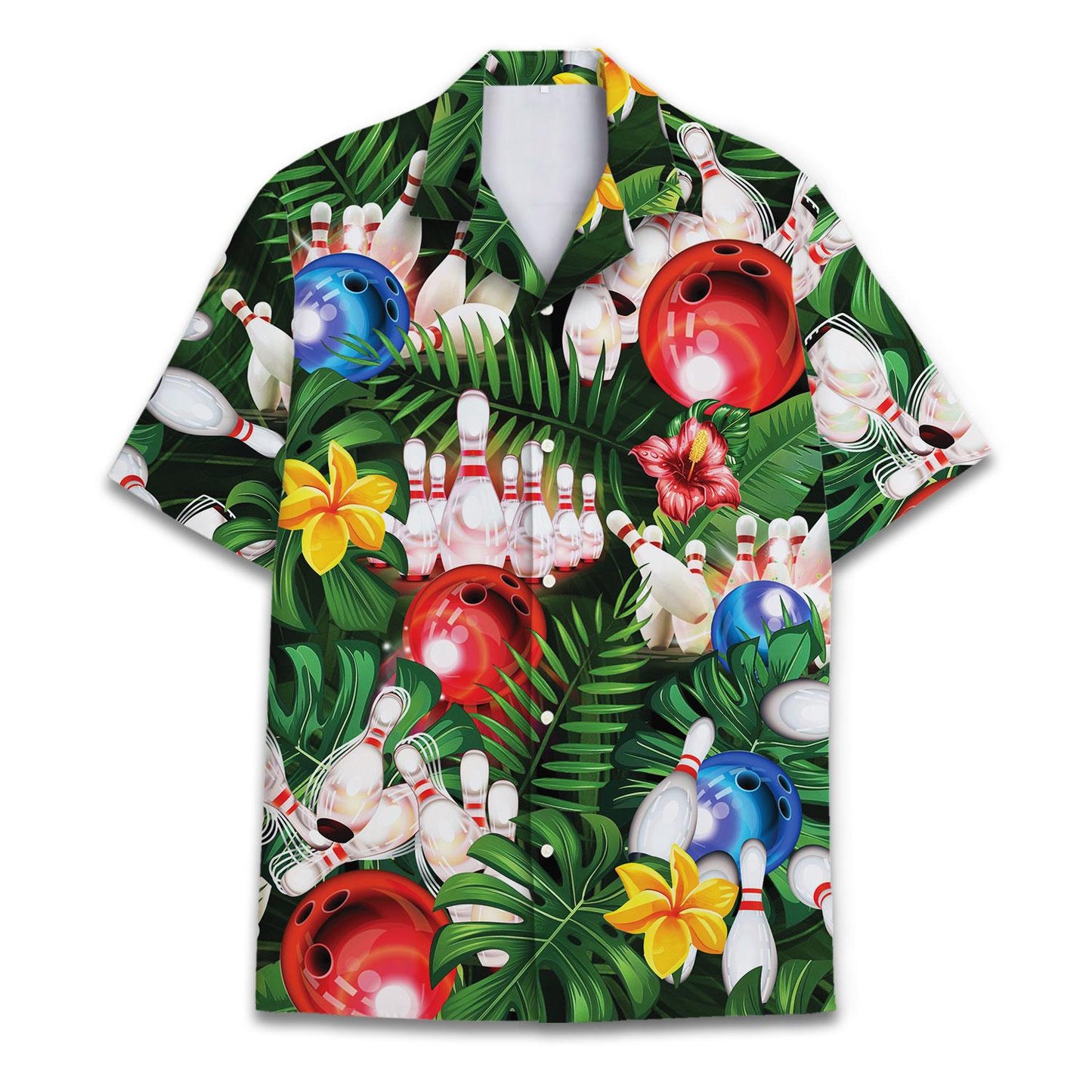 Tropical bowling Hawaiian shirt with colorful balls, pins, flowers, and jungle leaves