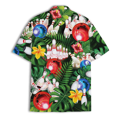 Short sleeve bowling Hawaiian shirt displayed with colorful tropical pattern