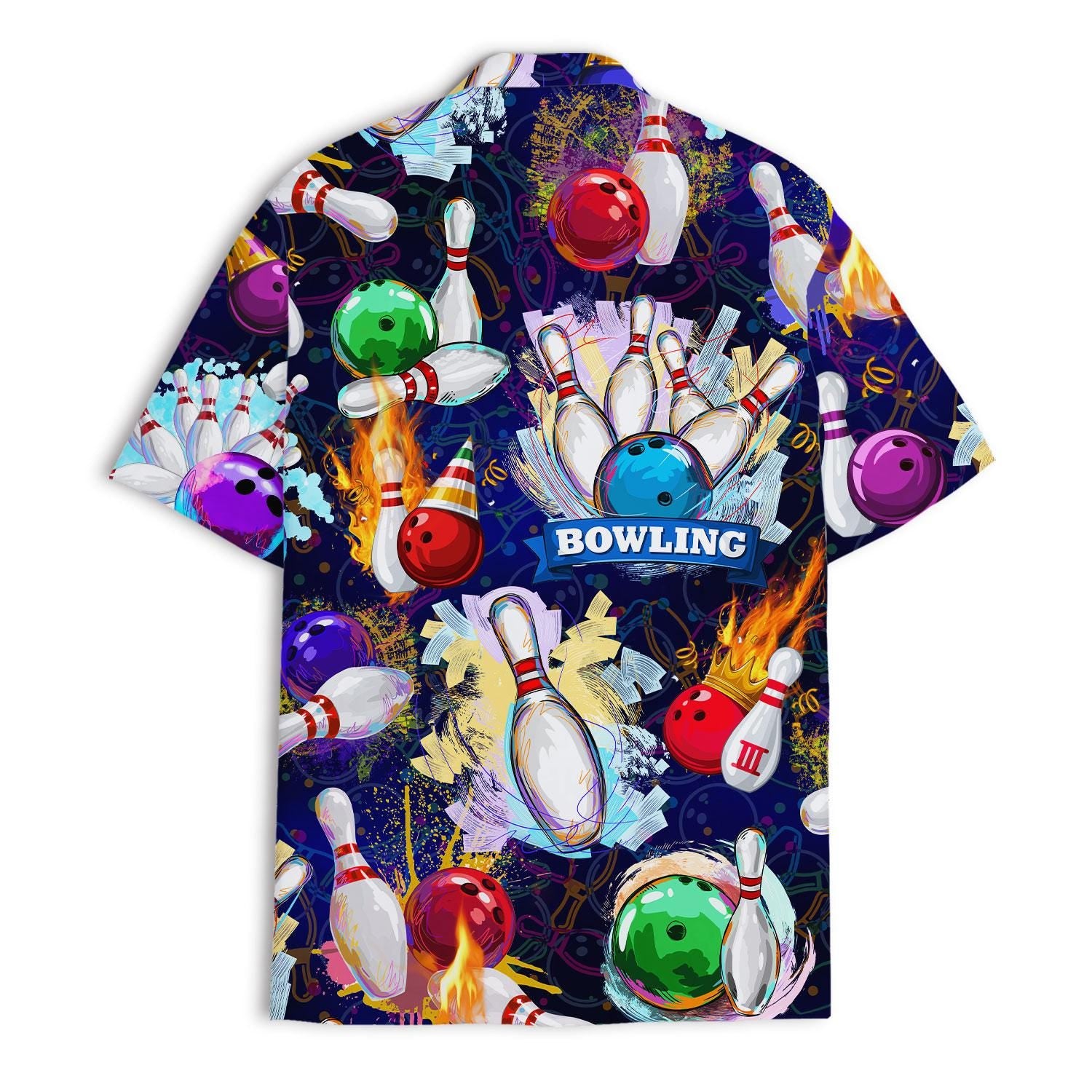 Back view of bowling Hawaiian shirt with colorful pins and balls