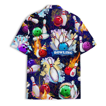 Back view of bowling Hawaiian shirt with colorful pins and balls
