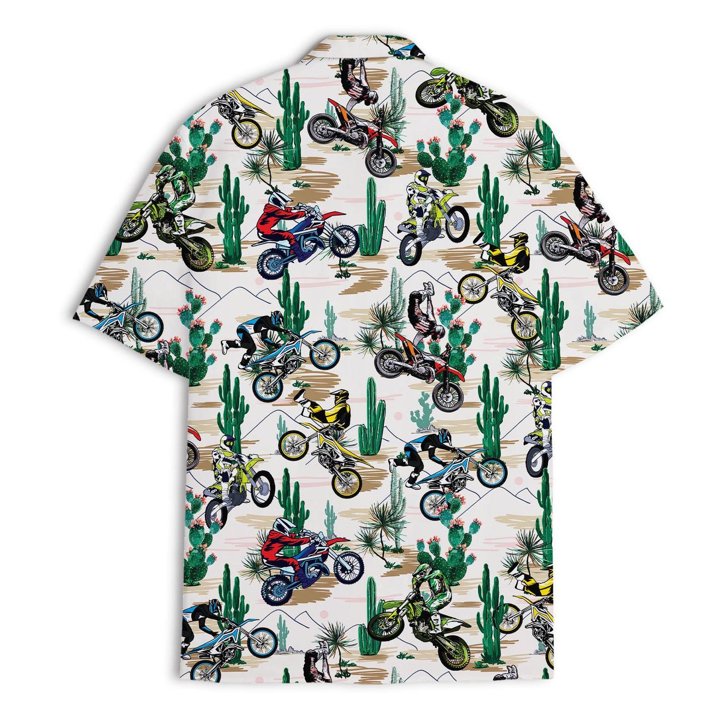 Back view of a colorful motocross dirt bike Hawaiian shirt with desert cactus pattern