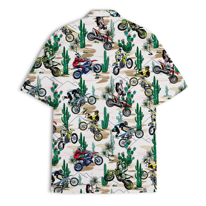 Back view of a colorful motocross dirt bike Hawaiian shirt with desert cactus pattern