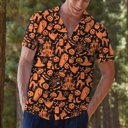 Model wearing Halloween Hawaiian shirt with pumpkins, ghosts, bats, and haunted house print