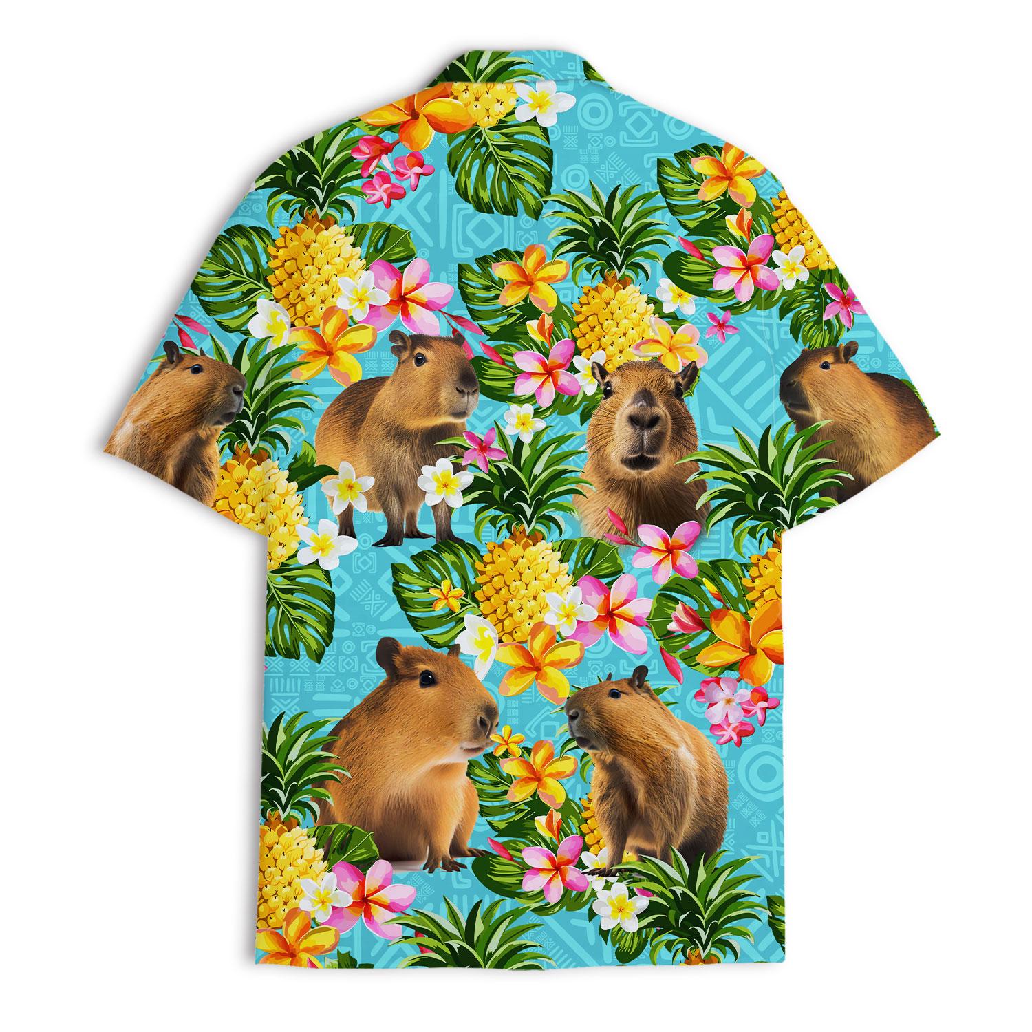 Back view of a turquoise tropical Hawaiian shirt covered in capybaras and colorful flowers