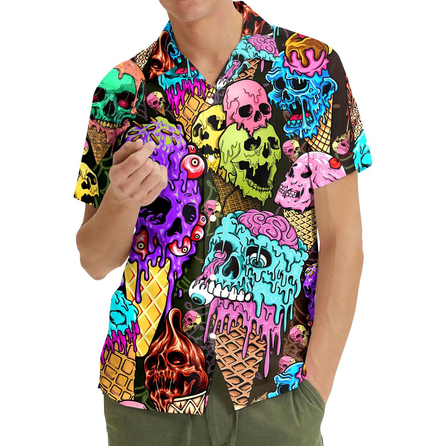 Model wearing the skull ice cream Hawaiian shirt outdoors