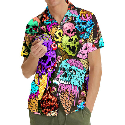 Model wearing the skull ice cream Hawaiian shirt outdoors