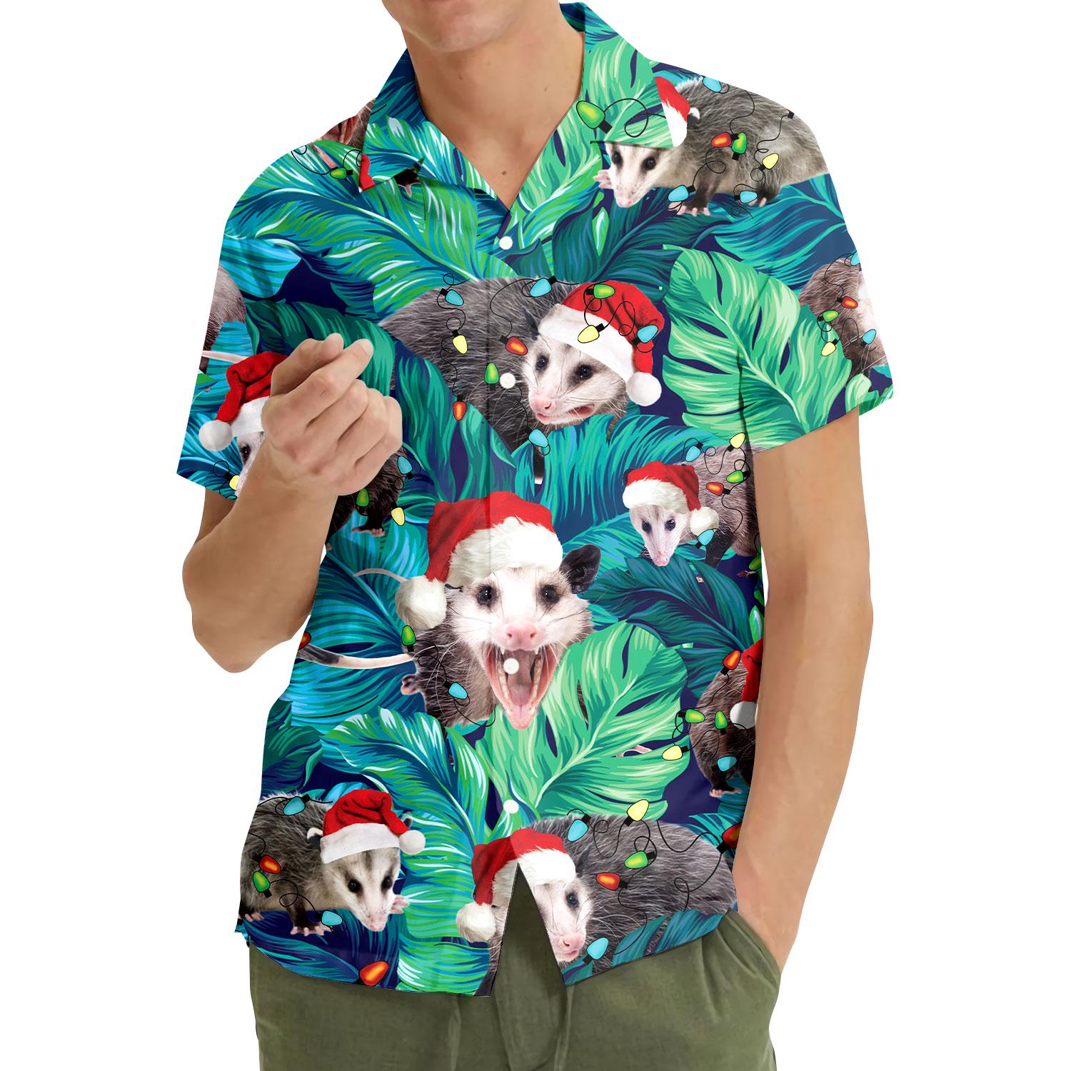 Model wearing a Christmas opossum Hawaiian shirt outdoors