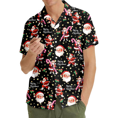 Model wearing a black Santa and candy cane Christmas shirt