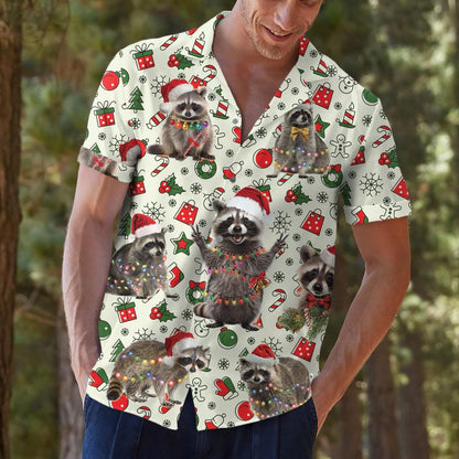 Model wearing raccoon holiday shirt outdoors