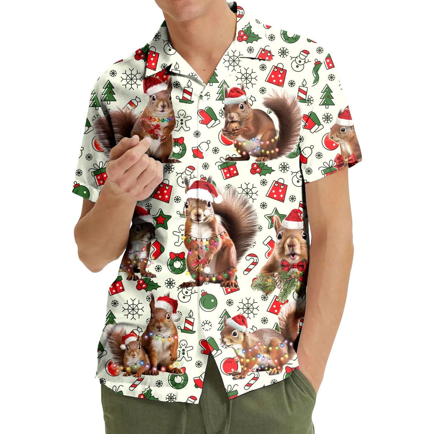 Person wearing a short-sleeve Christmas squirrel Hawaiian shirt outdoors