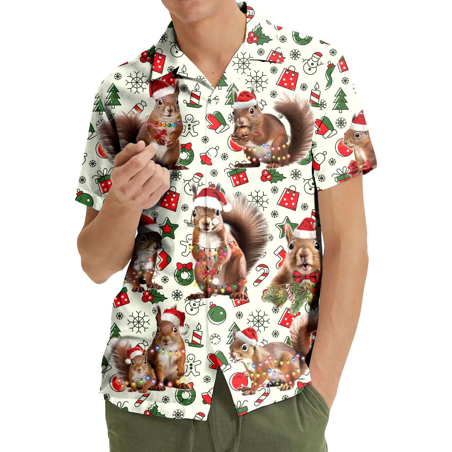 Person wearing a short-sleeve Christmas squirrel Hawaiian shirt outdoors